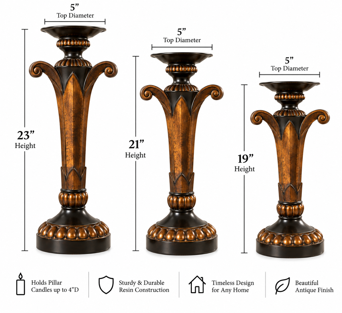 Hazelnut & Dark Gold Candlesticks – Set of 3