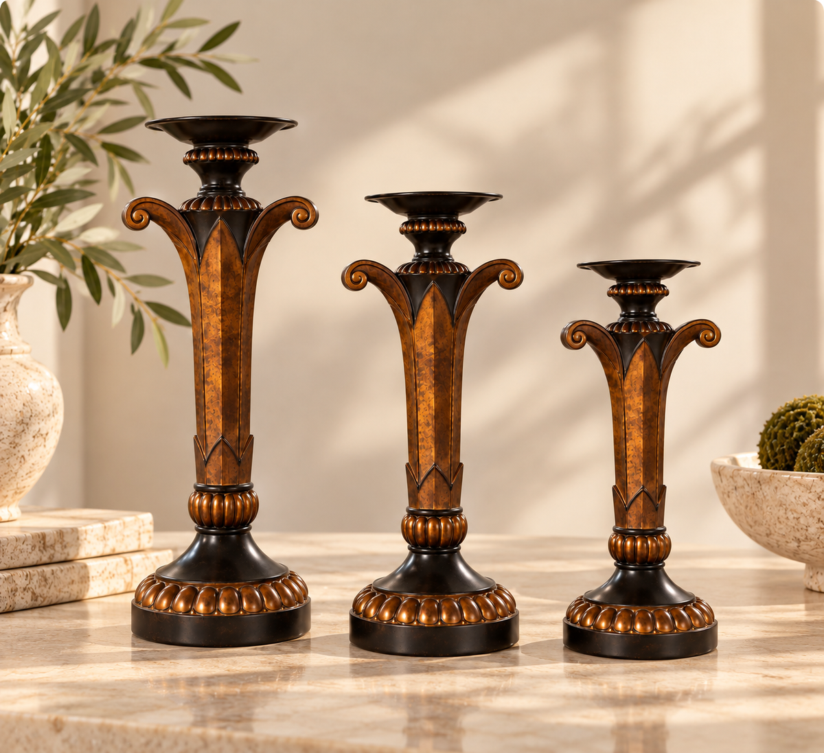 Hazelnut & Dark Gold Candlesticks – Set of 3