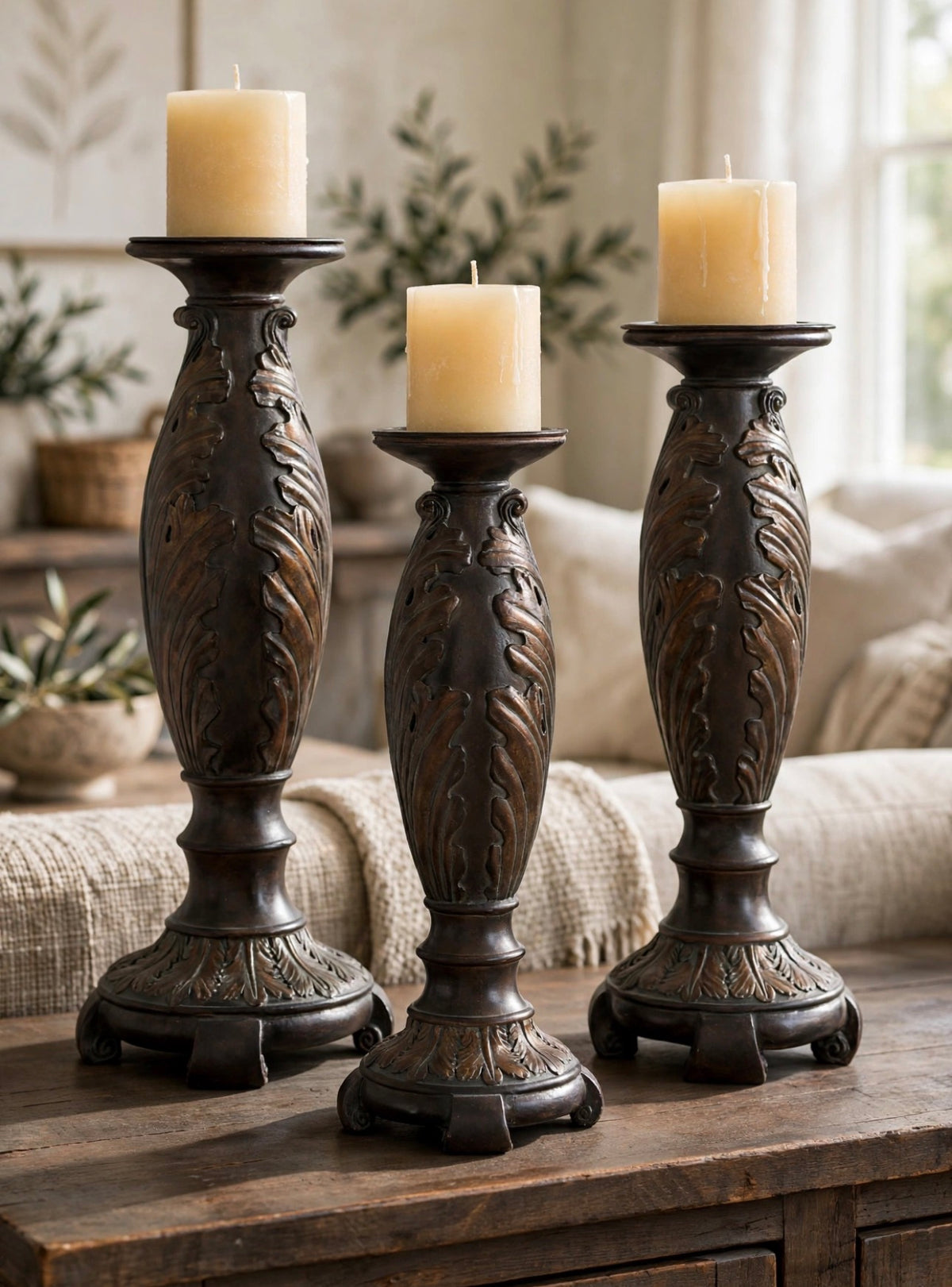 Ornate Hazelnut and Dark Gold Candle Holder Set
