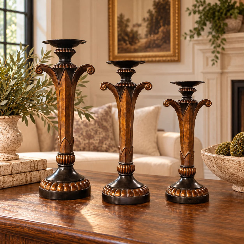 Hazelnut & Dark Gold Candlesticks – Set of 3