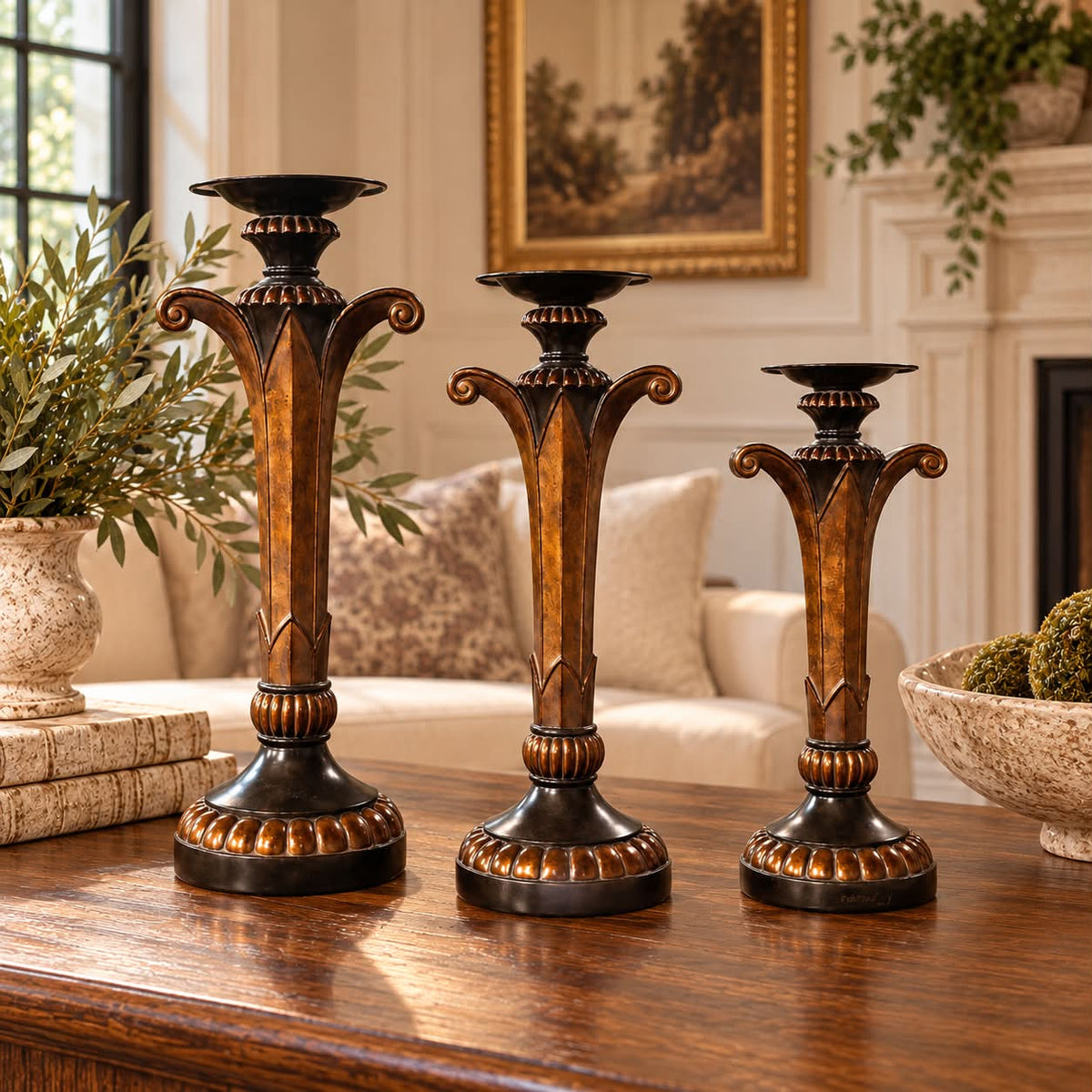 Hazelnut & Dark Gold Candlesticks – Set of 3